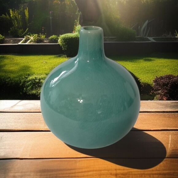 Crate & Barrel Bud Vase Perry Aqua Round Ball Ikebana Coastal Beach House Farm. - Picture 10 of 15
